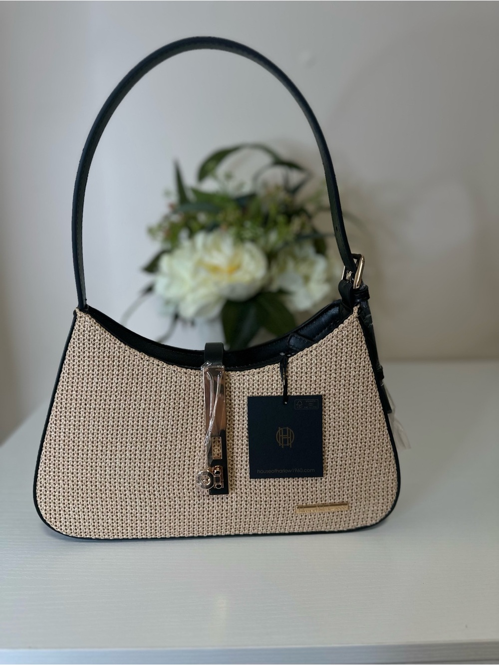 House of Harlow 1960 Beige Woven Shoulder Bag with Black Trim
